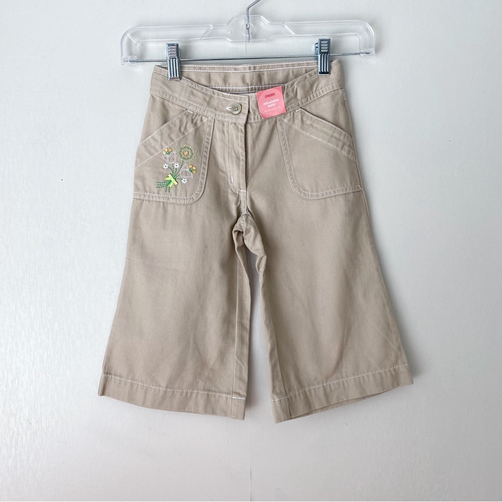 Vintage Y2K Deadstock Gymboree Embroidered Flower Wide Leg Khaki Crop Pants 5